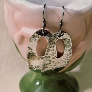 VTG 925 SS Large Statement Handcrafted Hammered Oval Dangle Earrings Cut-out